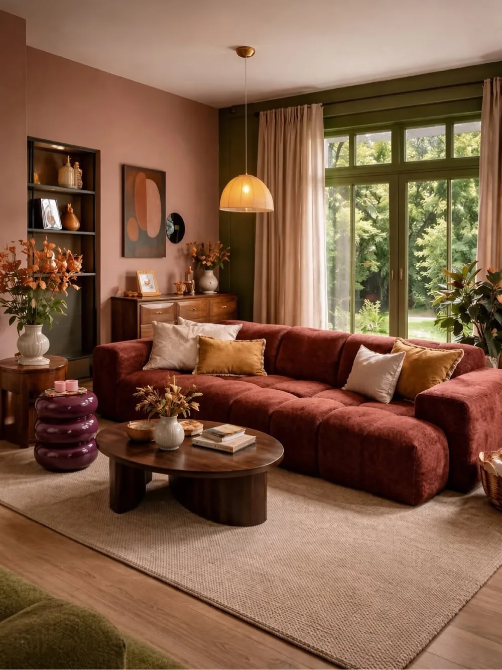 Cozy earthy living room with a rust-colored sectional, olive green walls, and warm wood furniture