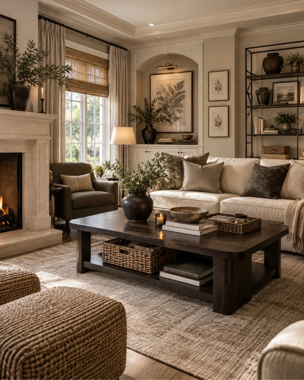 Classic earthy living room with cream sofa, dark wood coffee table, fireplace, woven rug, and botanical decor