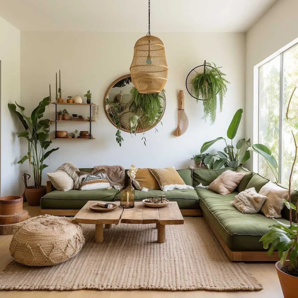 Earthy living room with green sectional sofa, rattan pendant light, wood coffee table, and abundant plants
