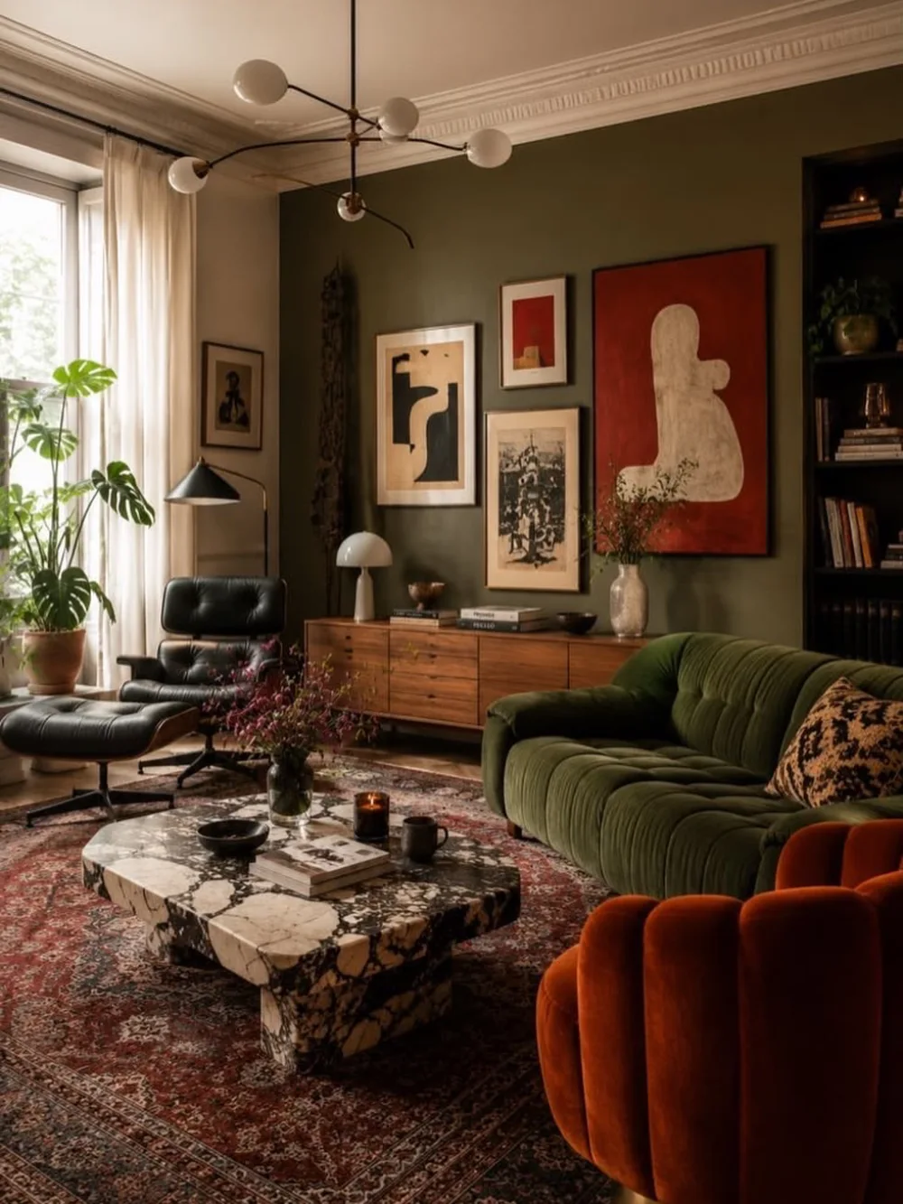 Moody earthy living room with olive green walls, green sofa, walnut furniture, and vintage rug