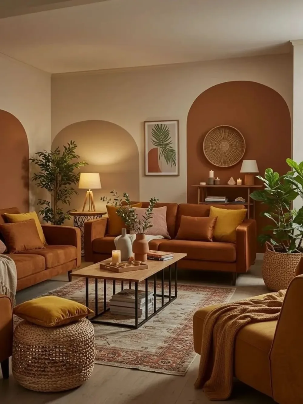 Warm earthy living room with rust-colored seating, mustard accents, arched wall details, and greenery