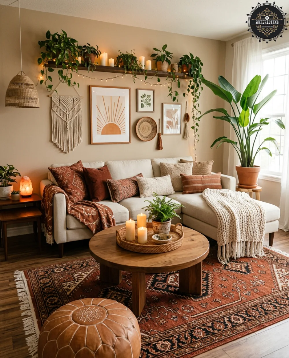 Earthy boho living room with cream sectional, patterned rug, woven decor, plants, and warm wood accents