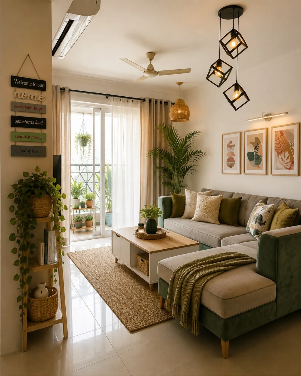 Compact earthy living room with green sectional, natural rug, wood coffee table, and woven pendant light