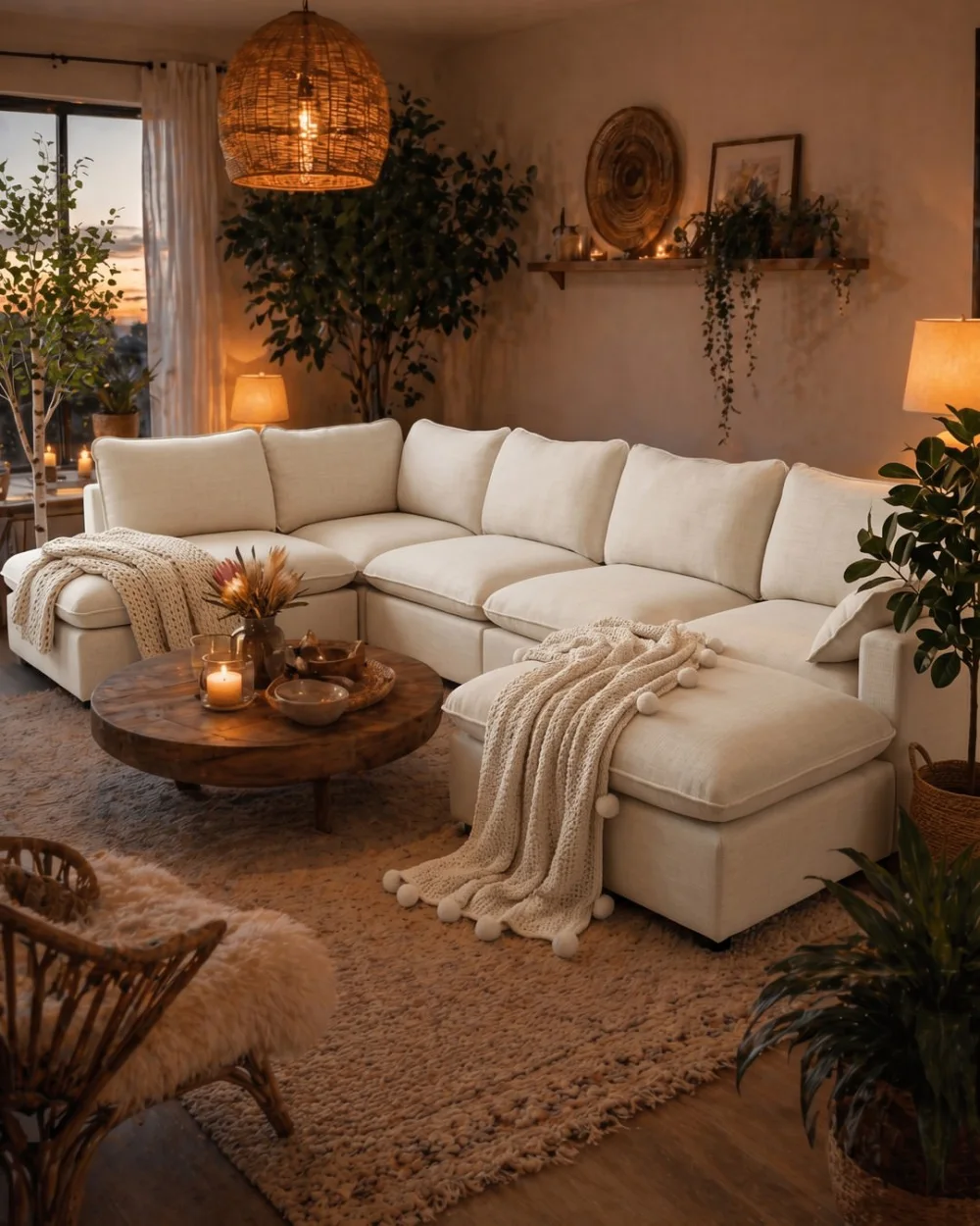 Cozy earthy living room with cream sectional sofa, chunky knit throws, wood coffee table, and plants
