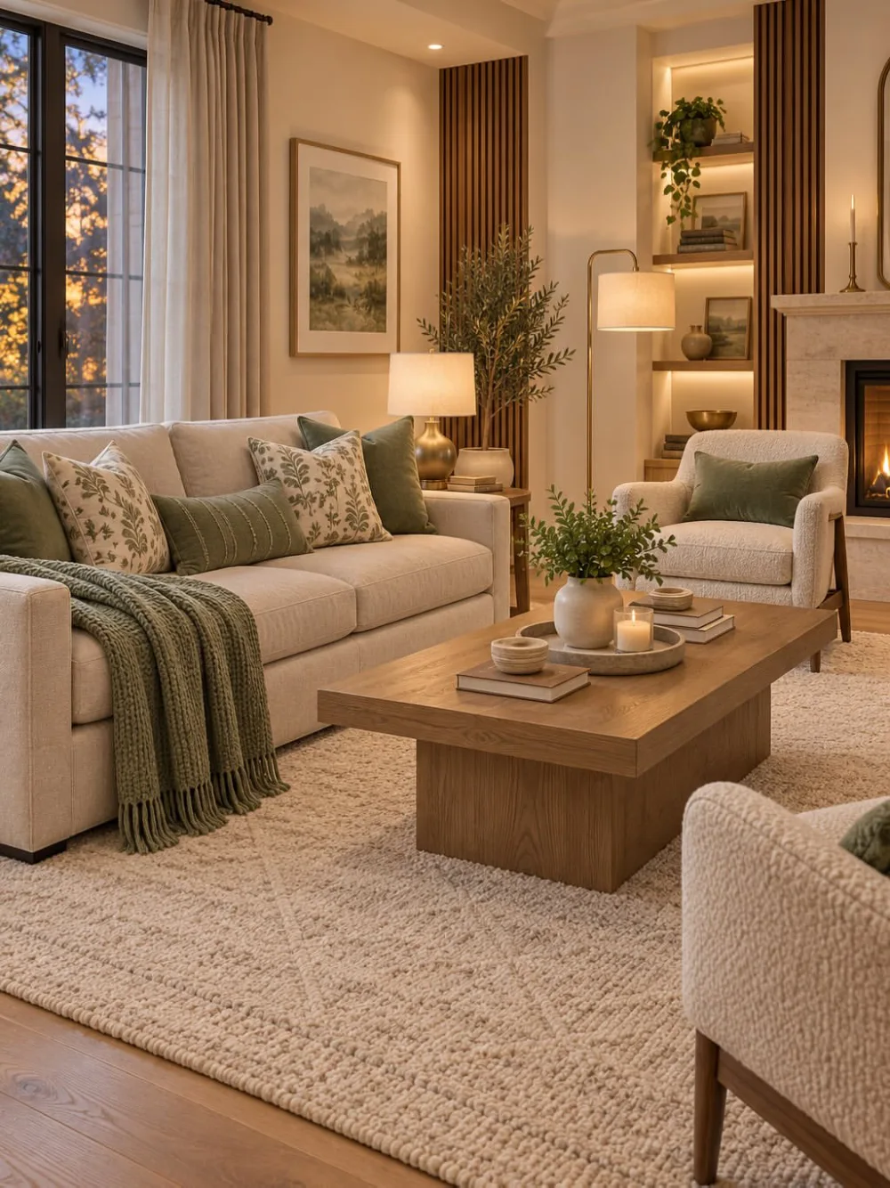 Warm neutral living room with cream sofa, olive pillows, wood coffee table, and textured beige rug