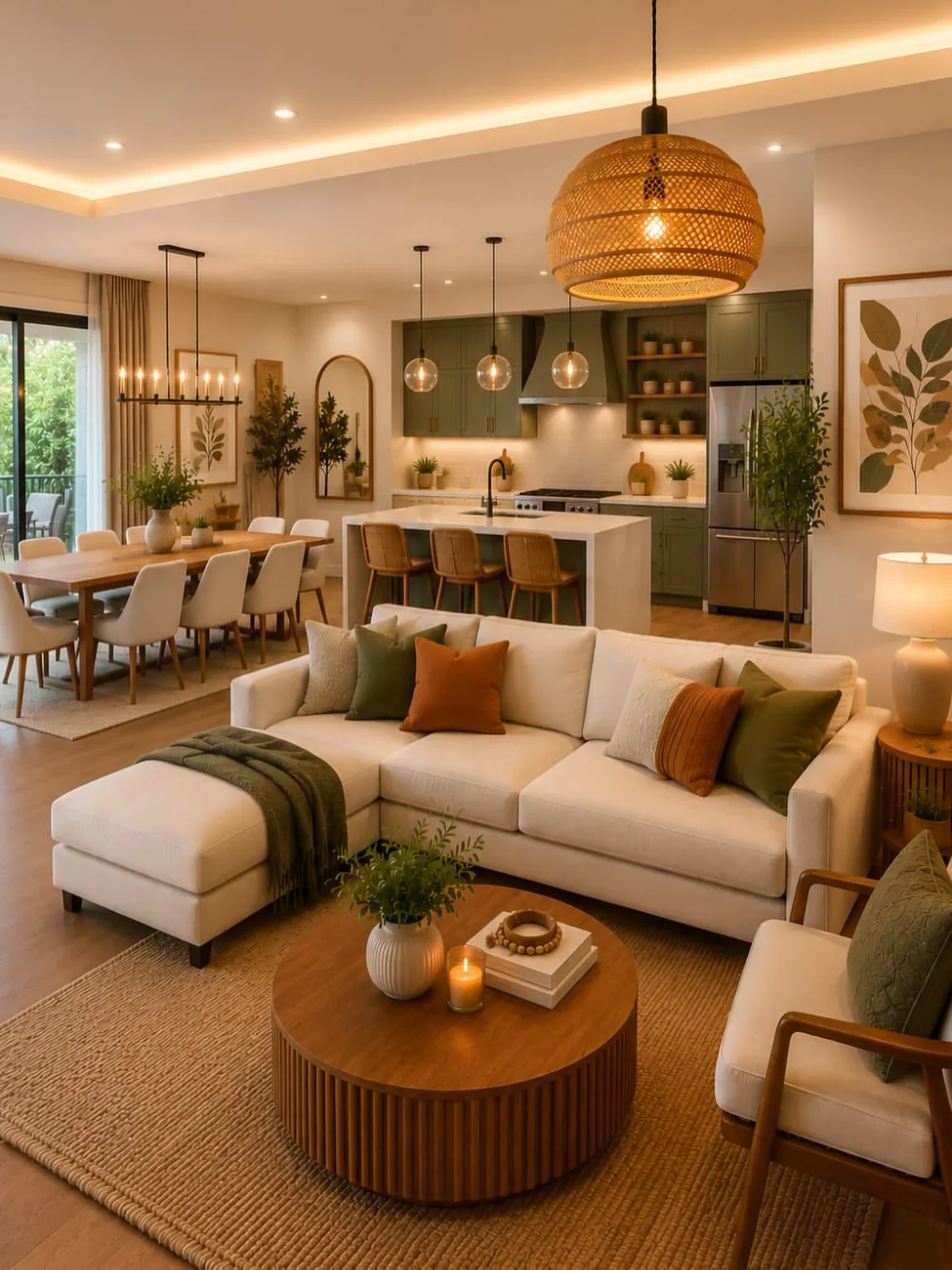 Open-plan earthy living room with cream sofa, olive kitchen cabinets, wood furniture, and woven lighting
