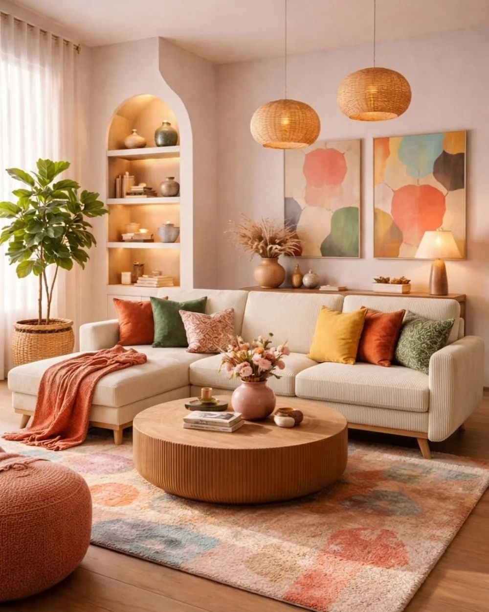 Colorful earthy living room with cream sofa, terracotta and mustard pillows, wood coffee table, and patterned rug