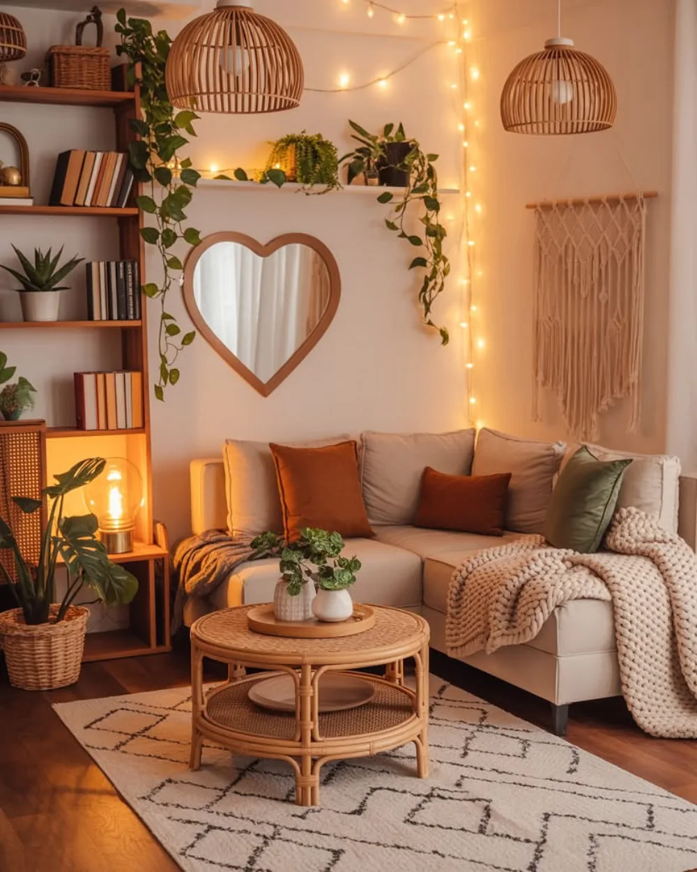 Cozy boho earthy living room with woven pendant lights, plants, neutral sofa, and textured throws