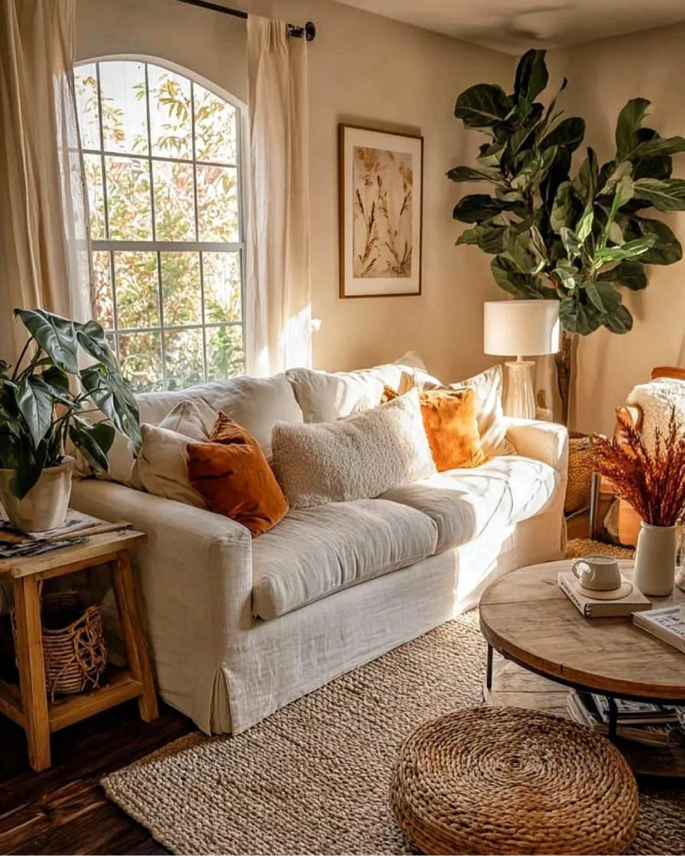 Sunlit earthy living room with linen sofa, natural fiber rug, wood table, and greenery