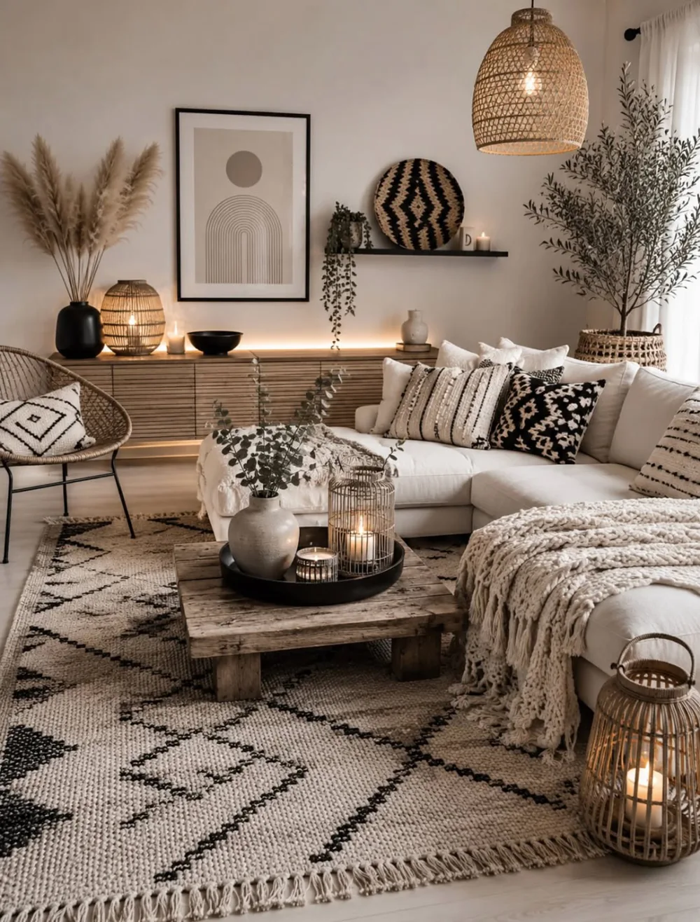 Neutral earthy living room with a white sectional, woven decor, black accents, and natural wood furniture
