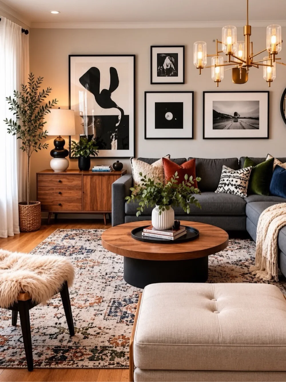 Modern earthy living room with charcoal sofa, walnut furniture, botanical accents, and black framed artwork