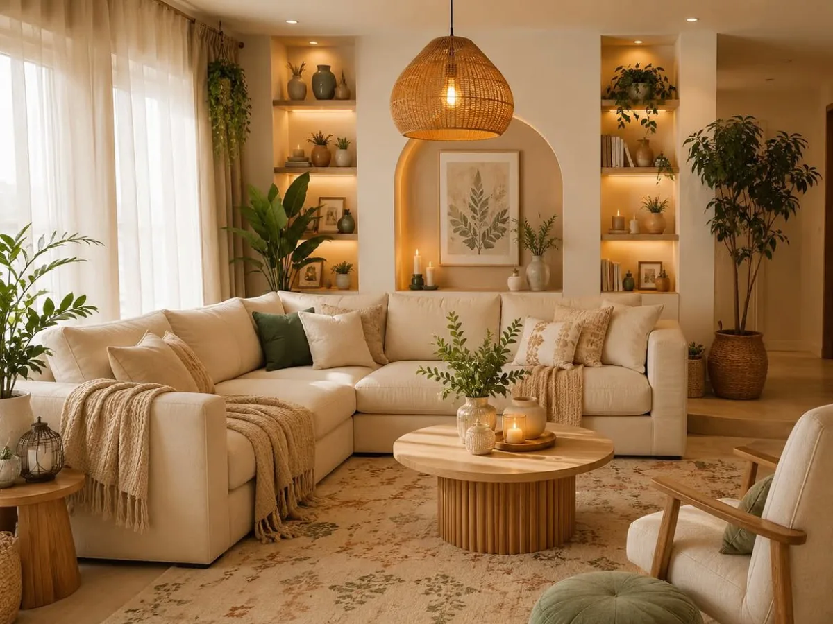 Earthy living room with a cream sectional sofa, wood coffee table, woven pendant light, plants, and warm neutral decor.