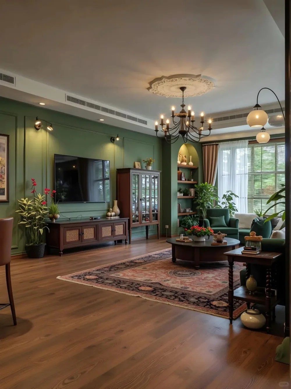 Olive green living room with dark wood furniture, indoor plants, patterned rug, and warm lighting