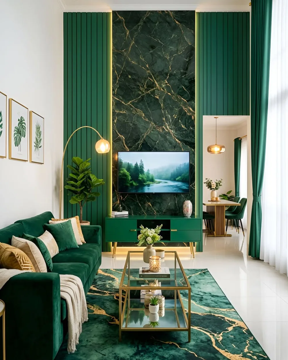 Deep green living room with marble accent wall, velvet sofa, gold coffee table, and indoor plant