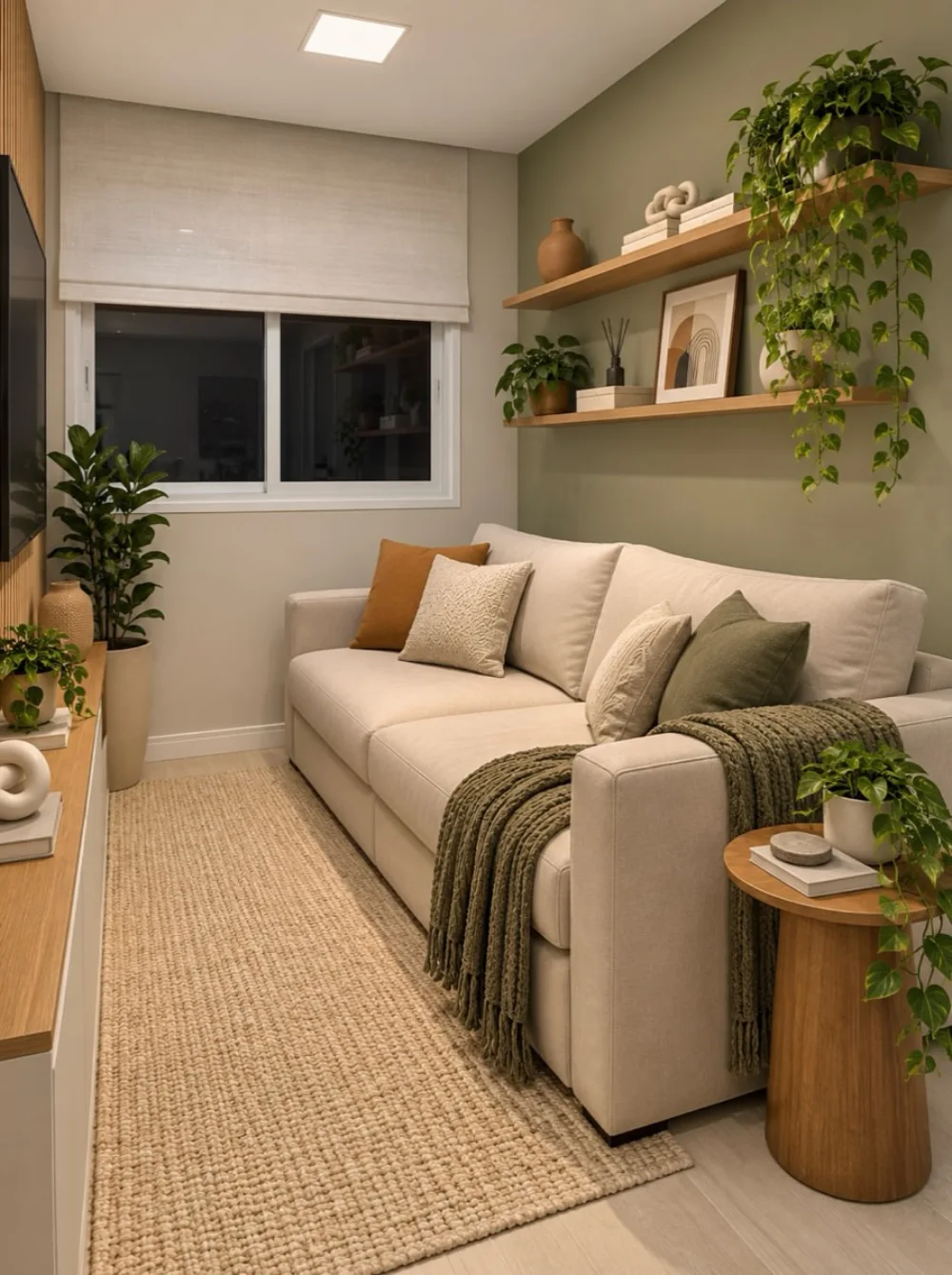 Small green living room with cream sofa, wooden shelves, woven rug, and trailing plants