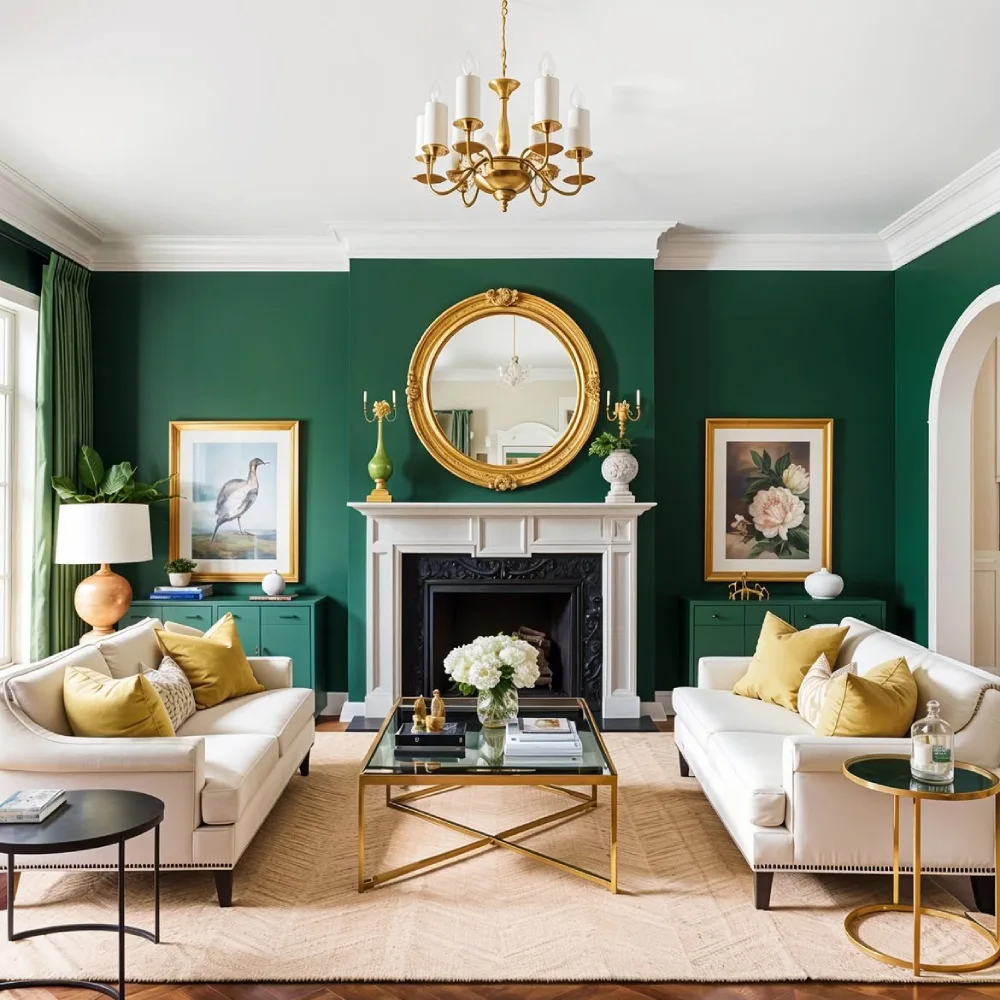 Elegant emerald green living room with white sofas, gold accents, fireplace, and round mirror