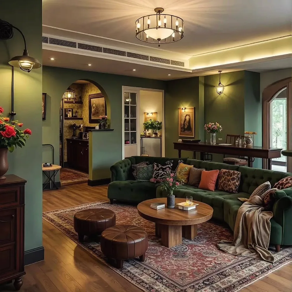 Deep green living room with velvet sectional, vintage rug, wooden coffee table, and warm lighting