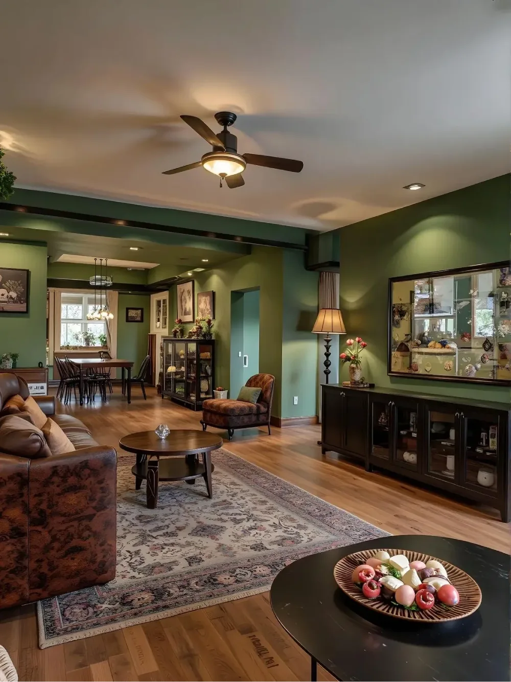 Dark green living room with brown leather seating, wooden floors, and warm traditional decor