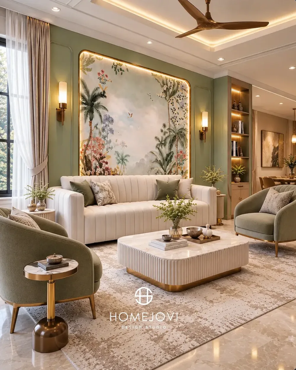 Light green living room with botanical mural, cream sofa, curved chairs, and brass accents