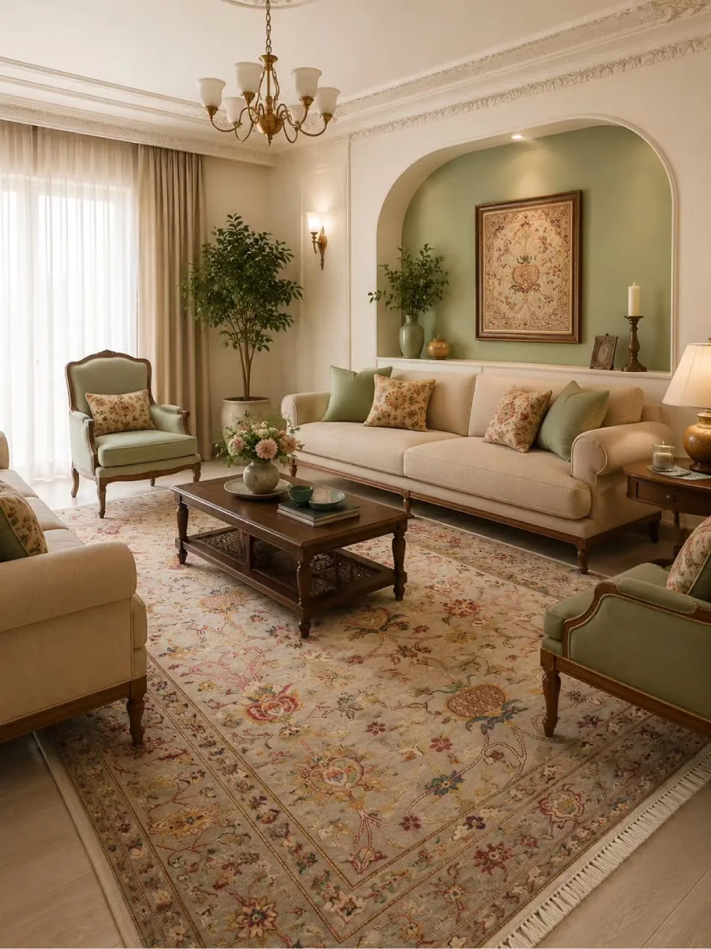 Traditional living room with soft green walls, cream sofas, floral rug, and classic wood furniture