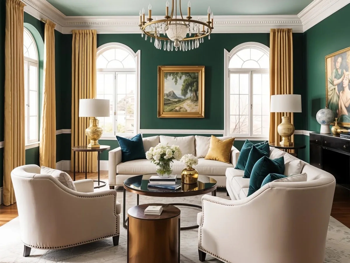 Elegant green living room with arched windows, cream sofas, gold accents, and natural wood flooring.