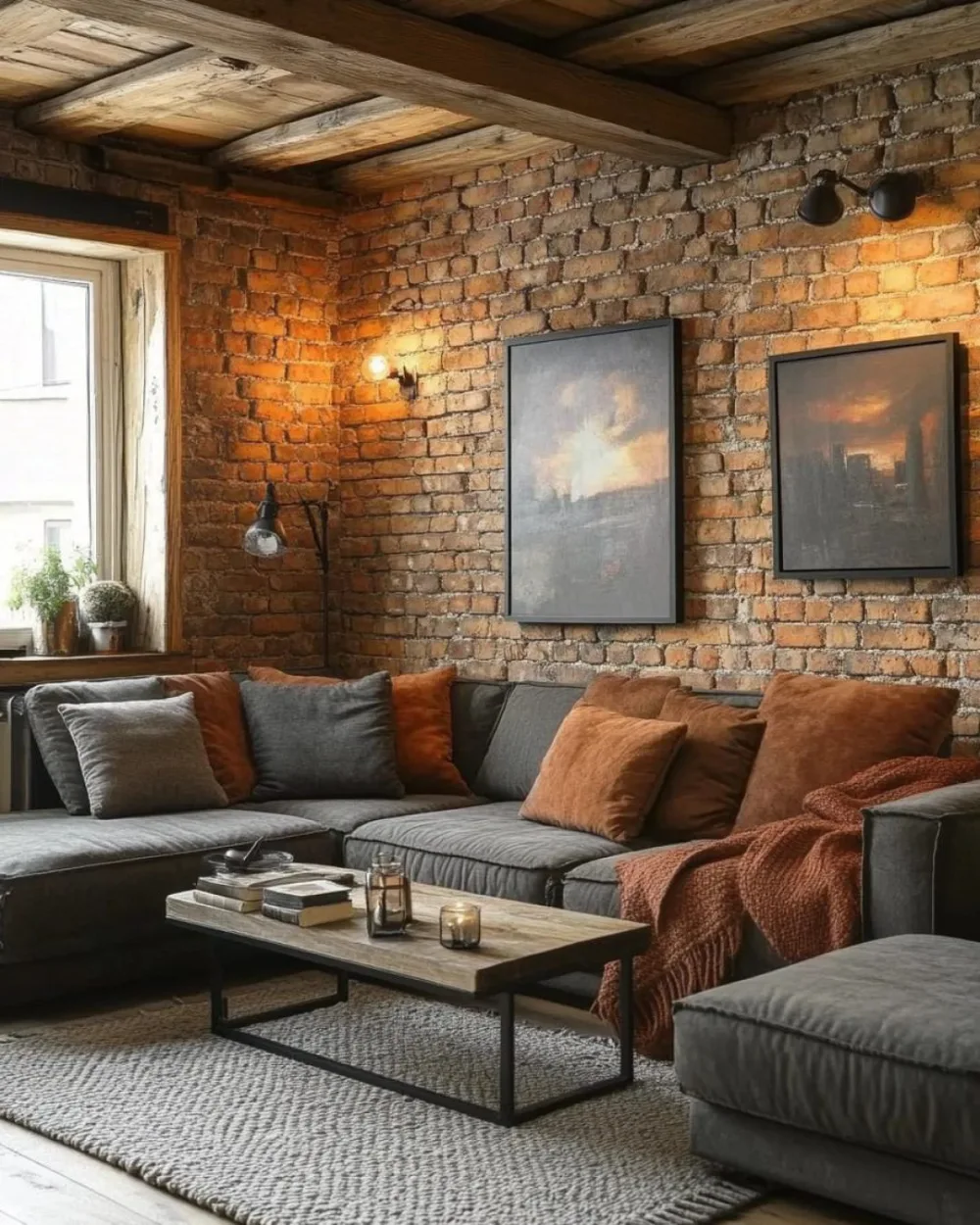 Gray sectional with brown leather accents in a rustic brick living room