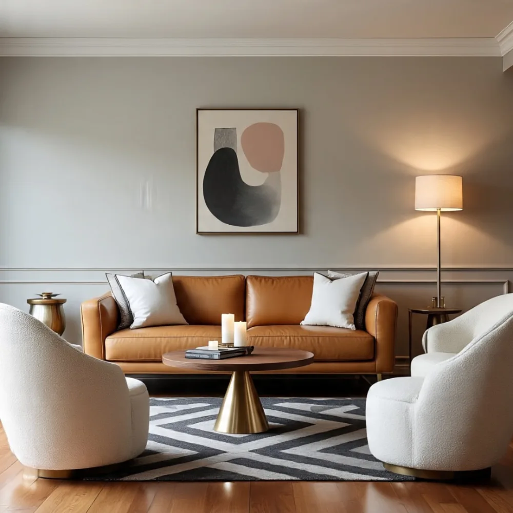 Cognac leather sofa with soft gray chairs and a geometric gray rug