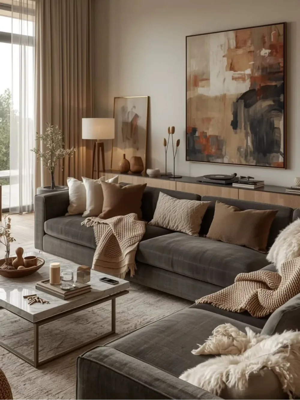 Gray sectional layered with warm beige pillows, throws, and neutral decor