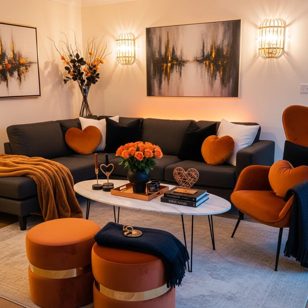 Dark gray sofa with orange pillows and ottomans in a cozy living room