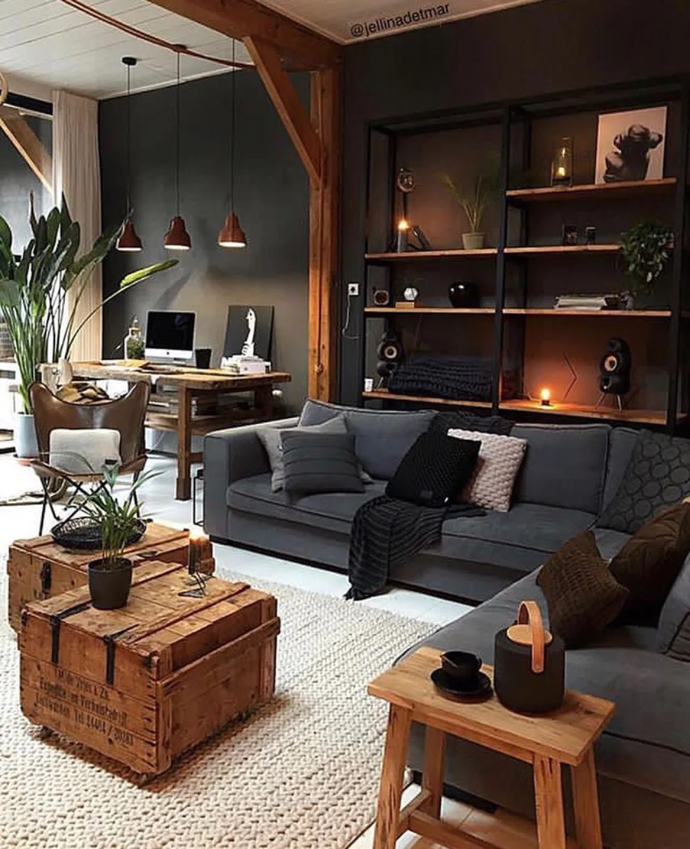 Dark gray sectional with rustic brown wood furniture and open shelving