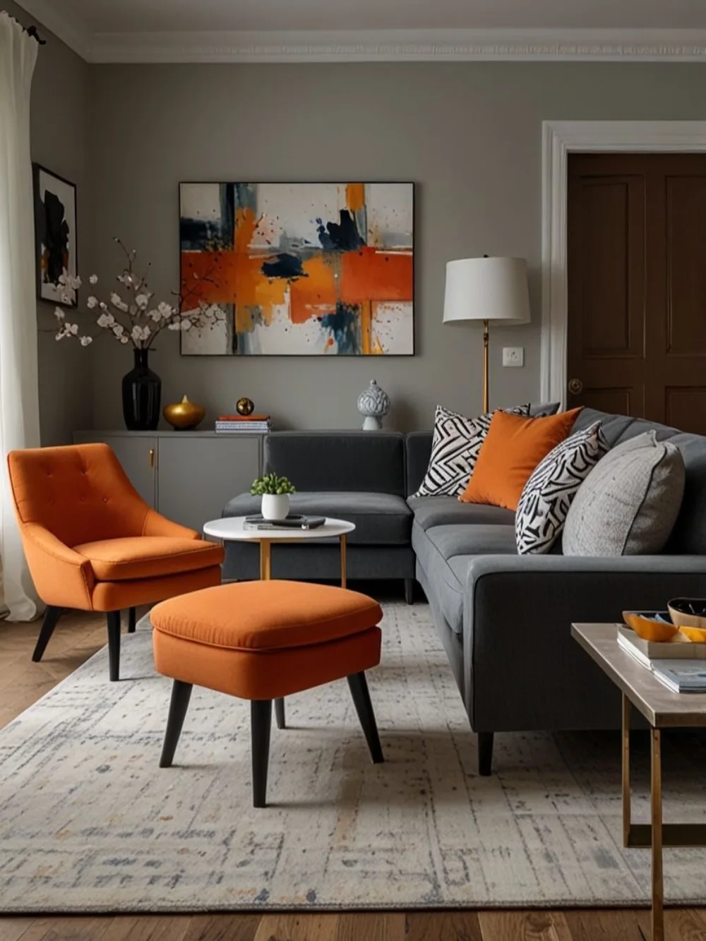 Gray sectional sofa with orange accent chair and ottoman in a warm living room