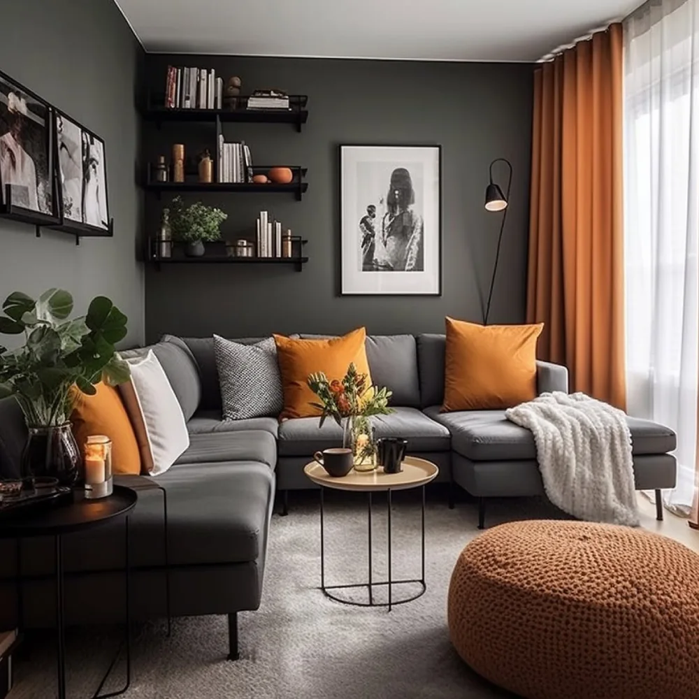 Gray sectional with burnt orange pillows, curtains, and a textured ottoman