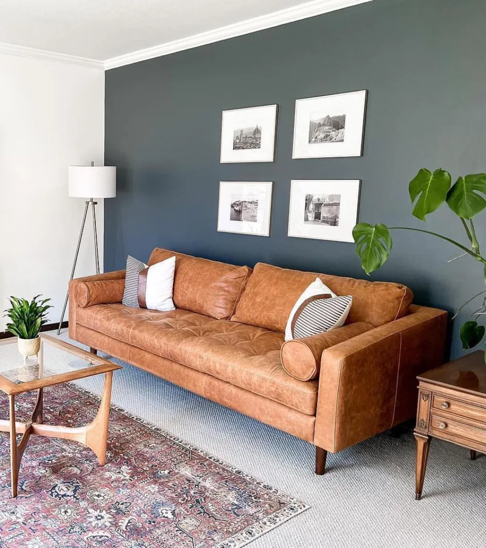 Brown leather sofa against a deep gray wall with plants and vintage-style decor