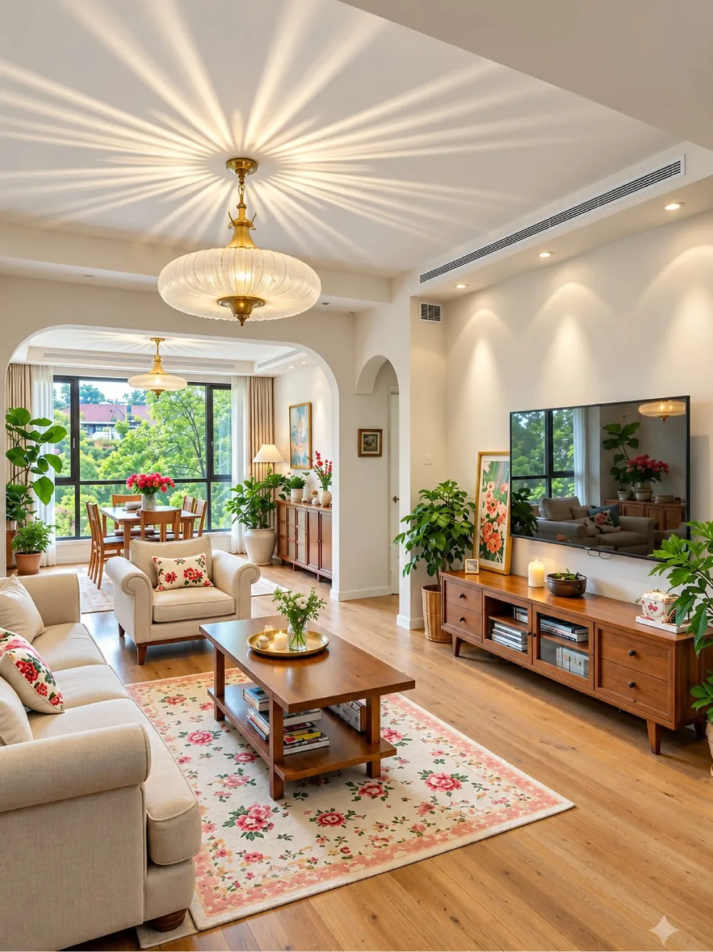 Bright living room with large windows, cream seating, and warm wood furniture