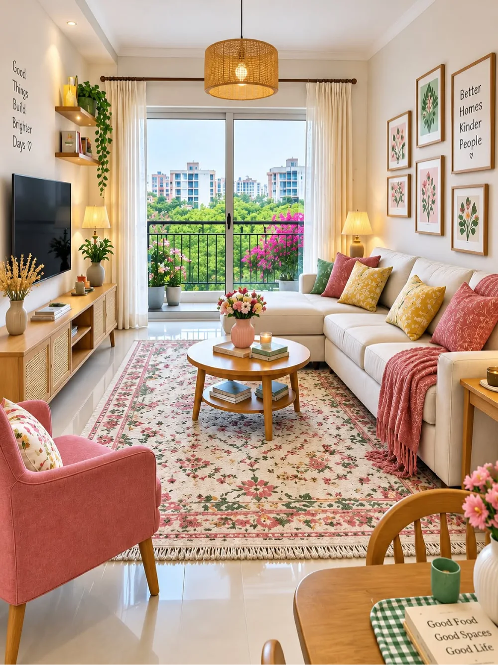 Bright living room with white sectional, floral rug, colorful pillows, and balcony view