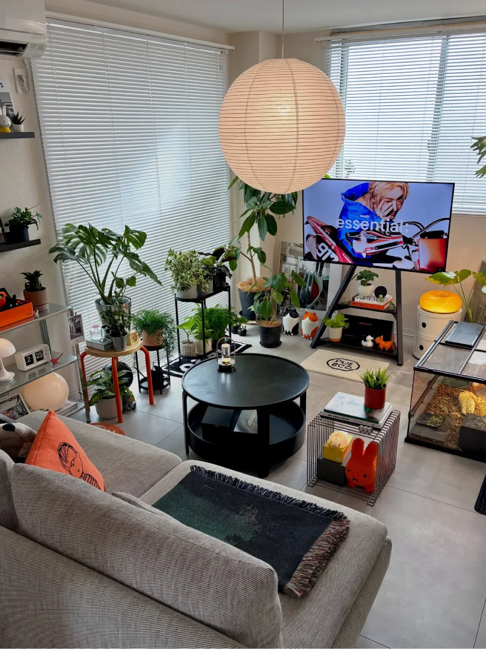 Living room filled with houseplants, neutral furniture, and a large paper pendant light