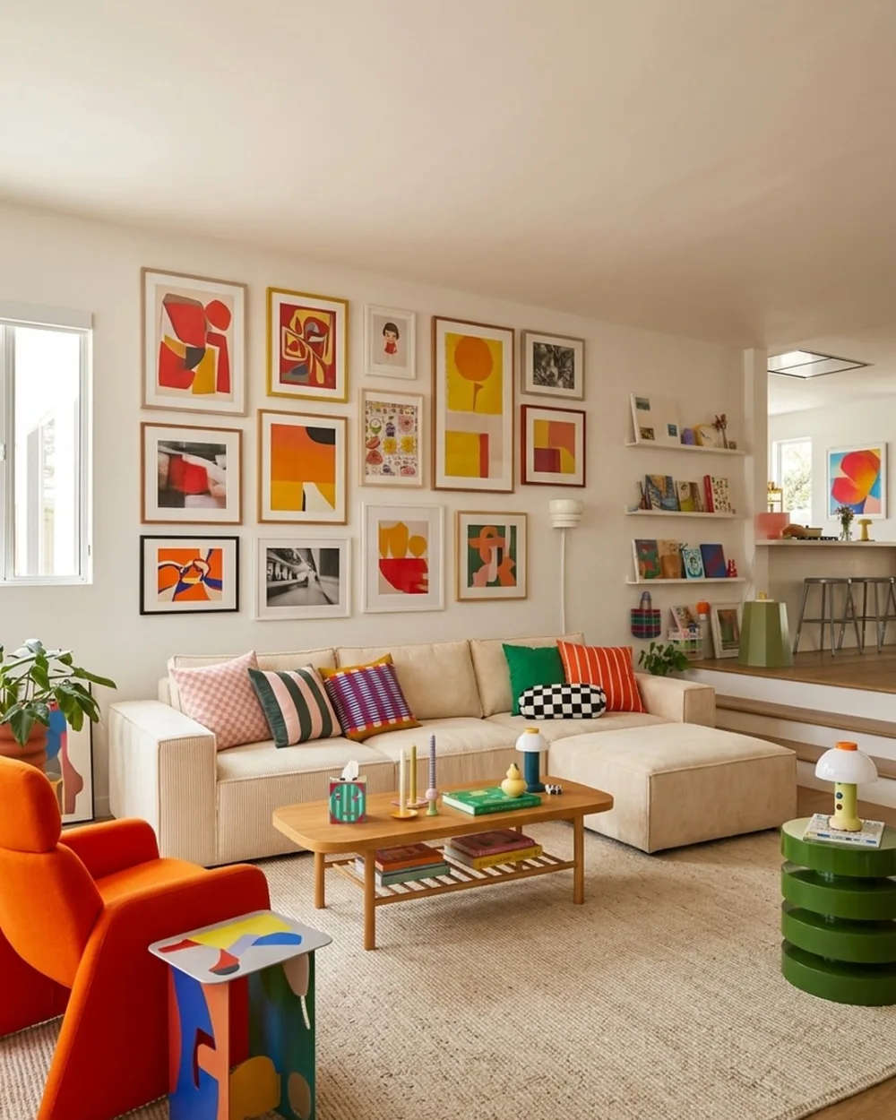 Neutral living room with colorful gallery wall, cream sectional, orange chair, and green accents
