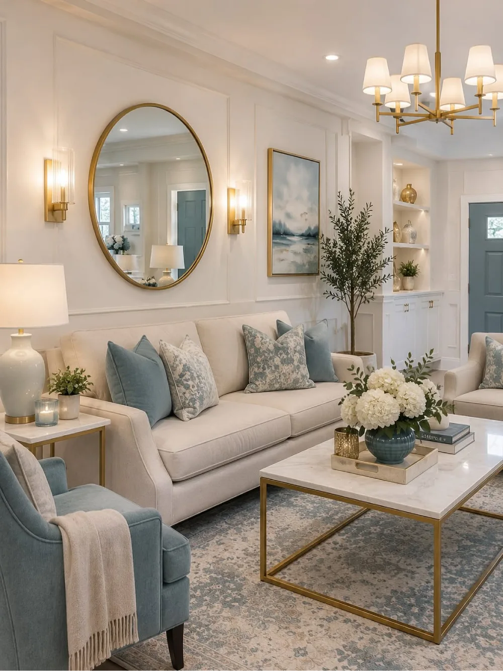 Cream living room with soft blue accents, gold details, floral pillows, and elegant lighting