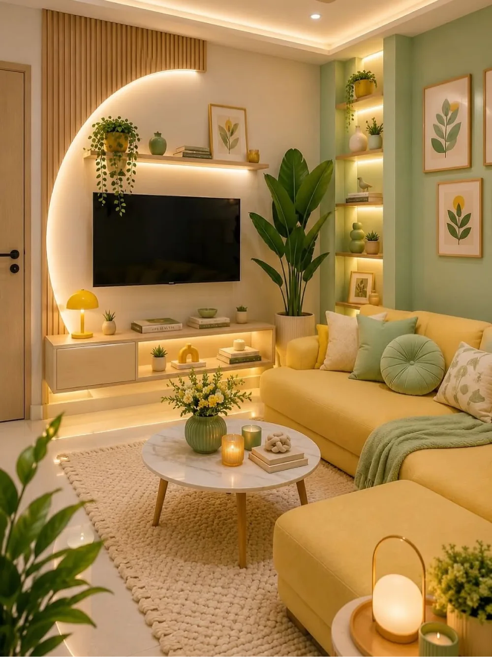 Cozy cream and yellow living room with green accents, plants, and warm built-in lighting