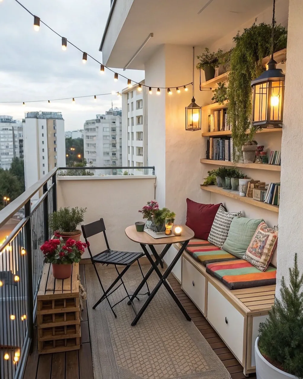cozy balcony with built-in bench seating, colorful cushions, plants, and string lights