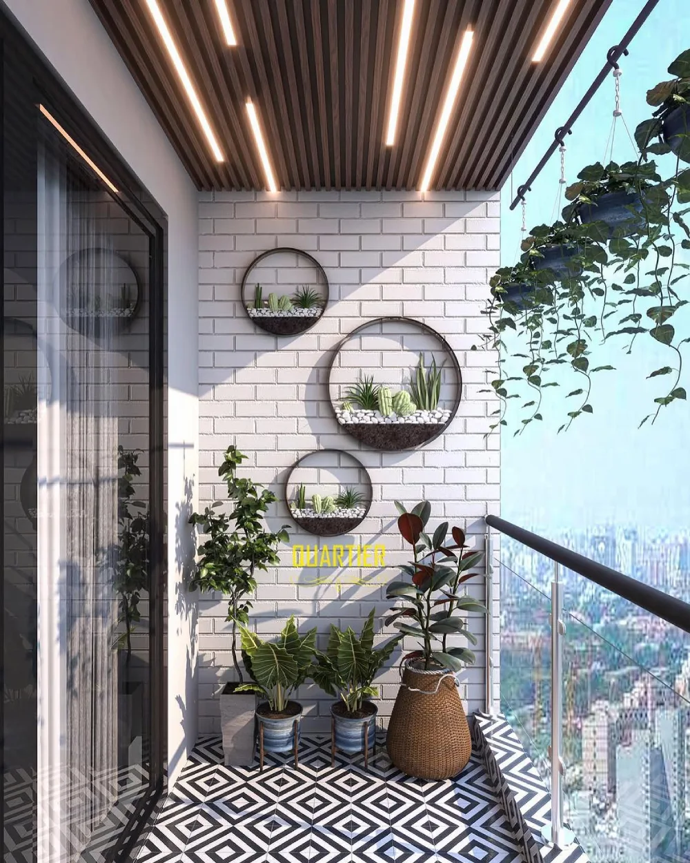 modern balcony with white brick wall, round plant displays, and hanging greenery