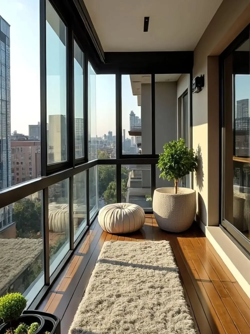 minimal enclosed balcony with wood flooring, cream rug, and city view