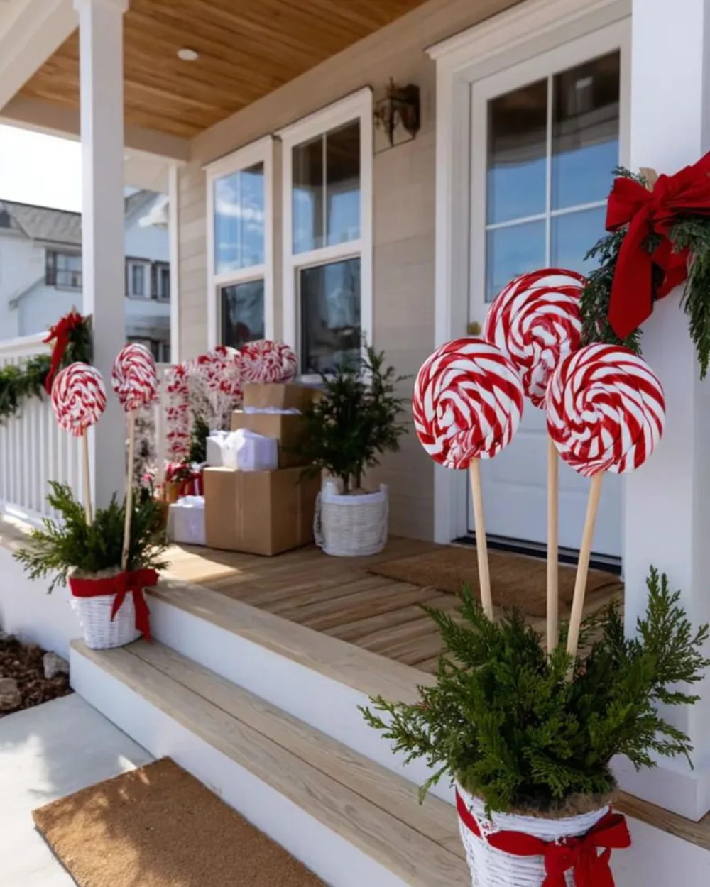 Christmas porch decorated with oversized red and white lollipop ornaments, greenery, and wrapped gifts