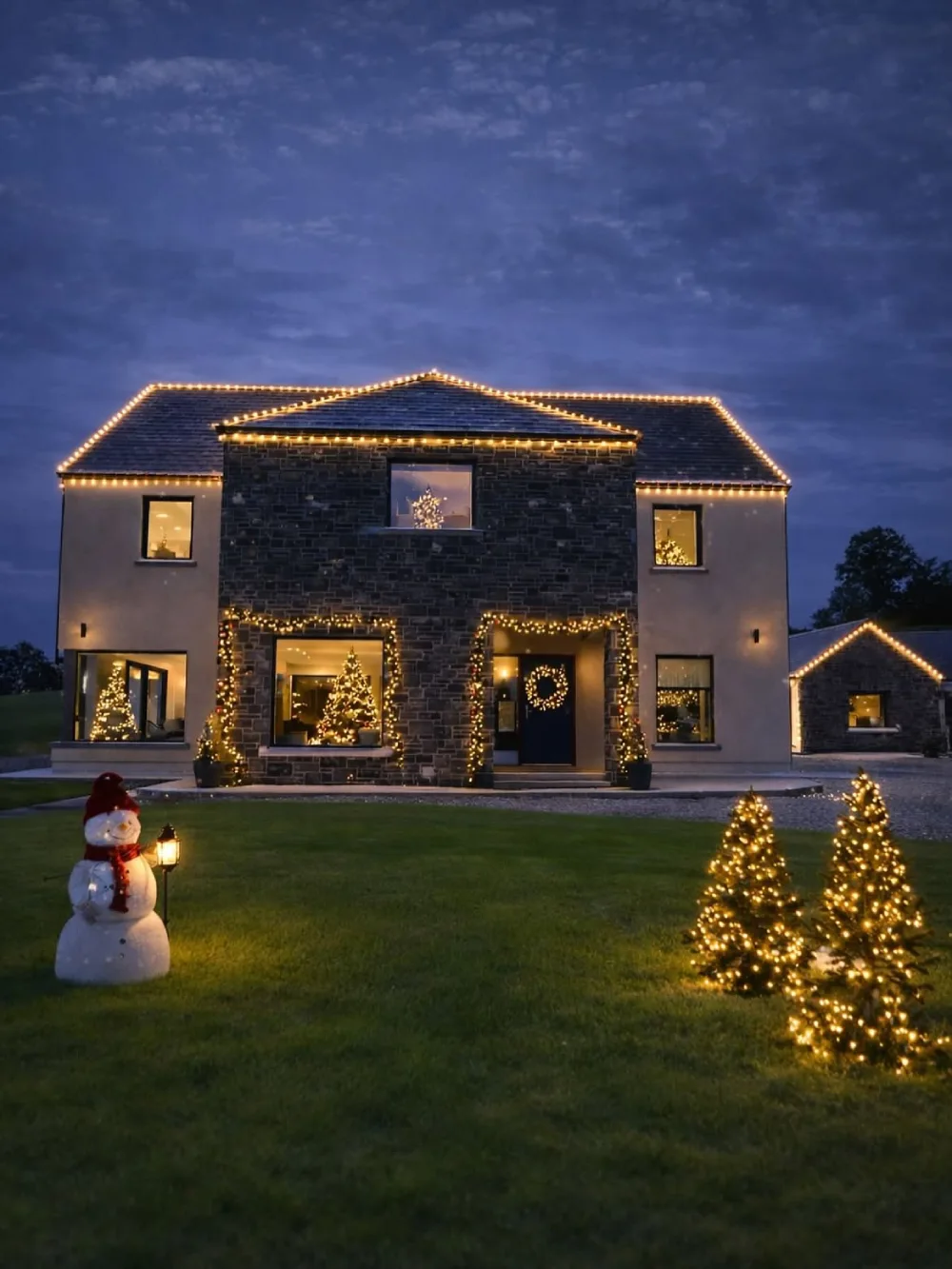 Large modern home decorated with warm Christmas lights, illuminated trees, and a snowman