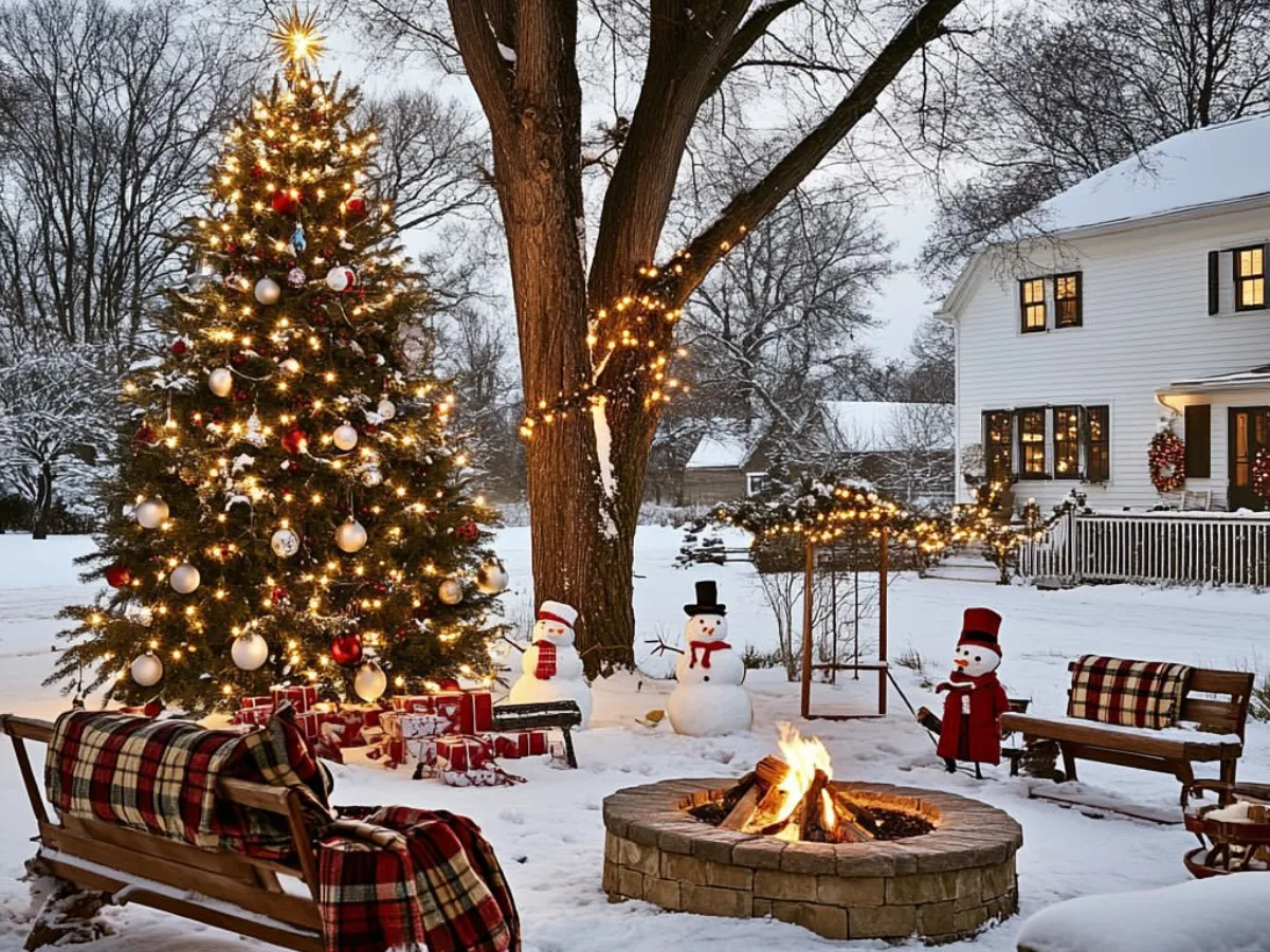 Snow-covered backyard with a decorated Christmas tree, warm string lights, fire pit, and cozy plaid seating