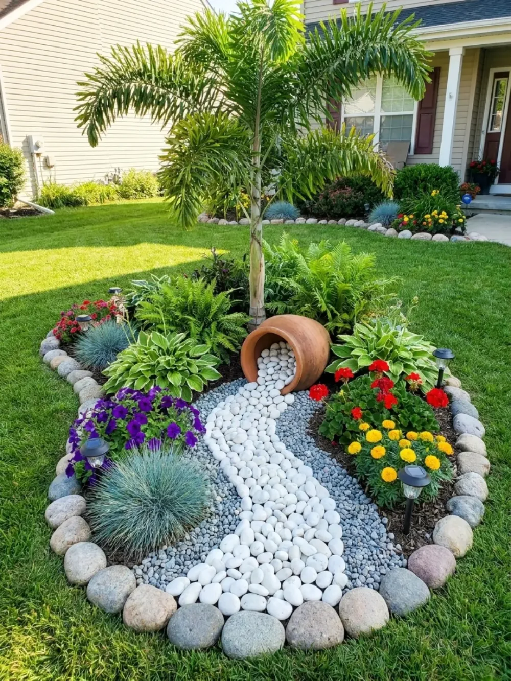 Pebble-lined garden path surrounded by colorful flowers and lush greenery