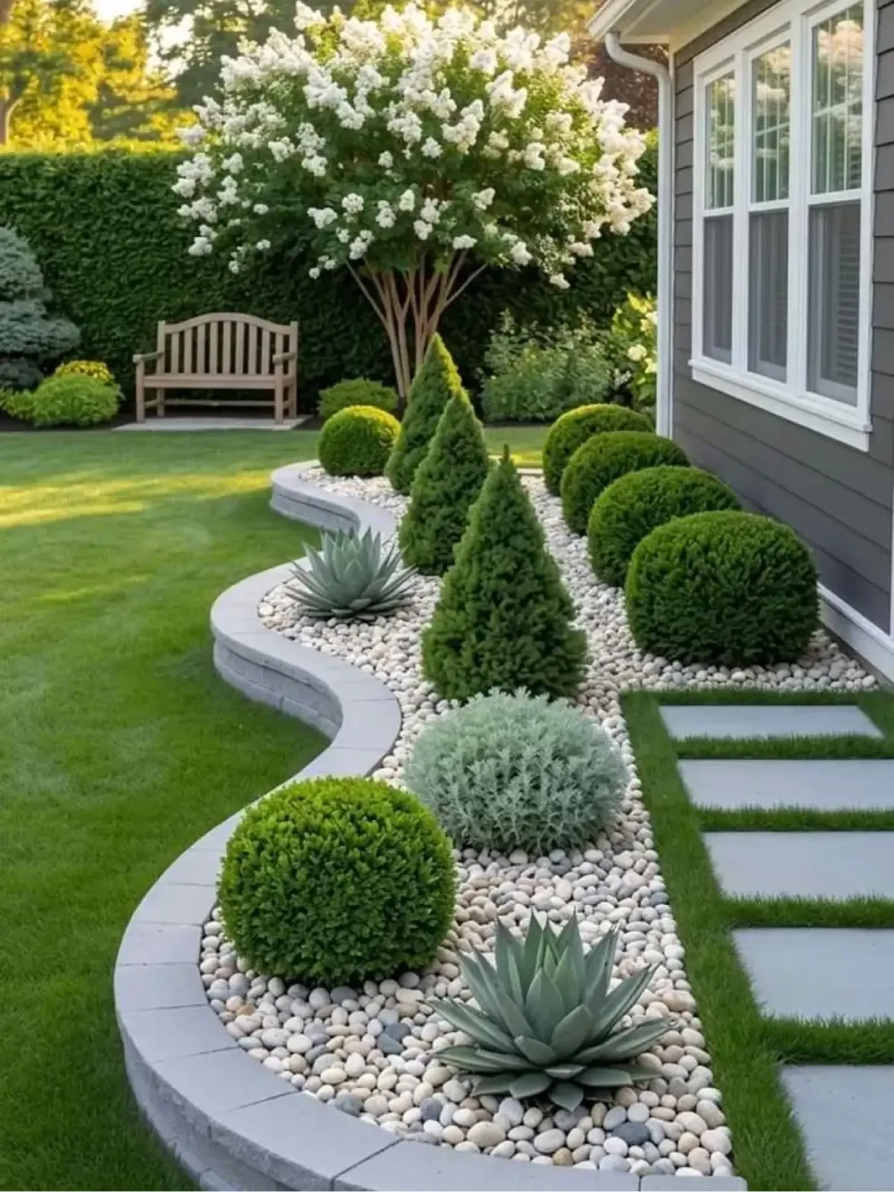 Modern garden with rounded shrubs, agaves, and white decorative stones