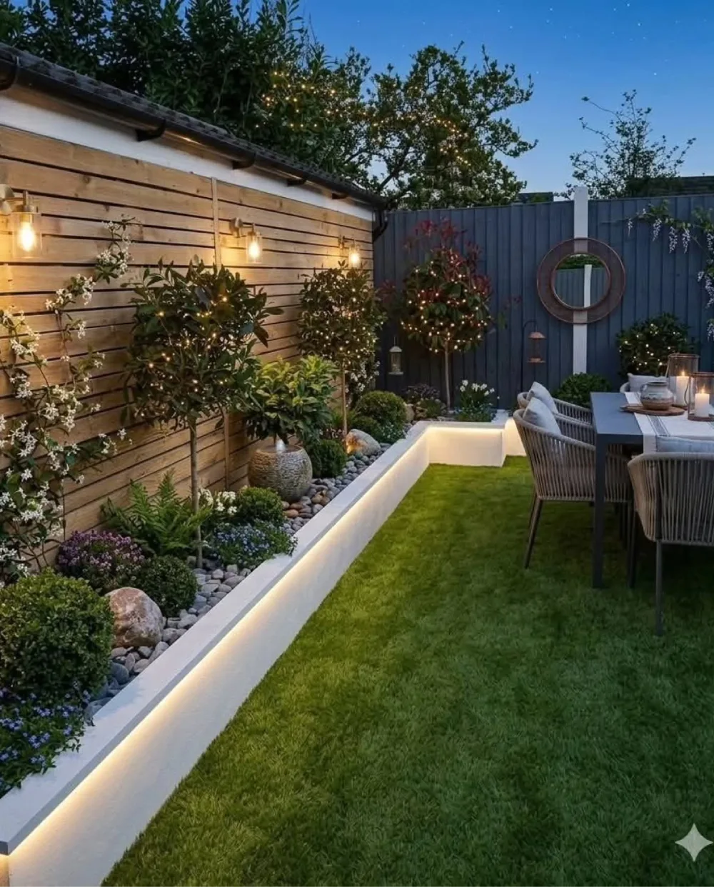 Cozy backyard garden border with plants and warm string lights