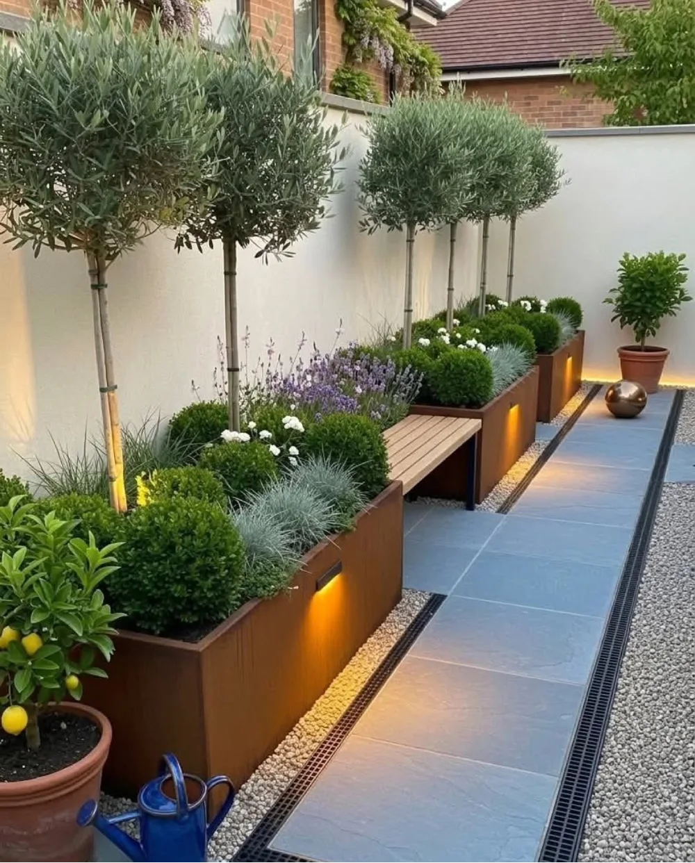 Modern garden border with olive trees, shrubs, grasses, and raised planters