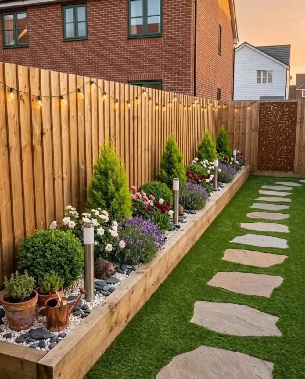 Narrow garden border filled with colorful flowers beside a wooden fence